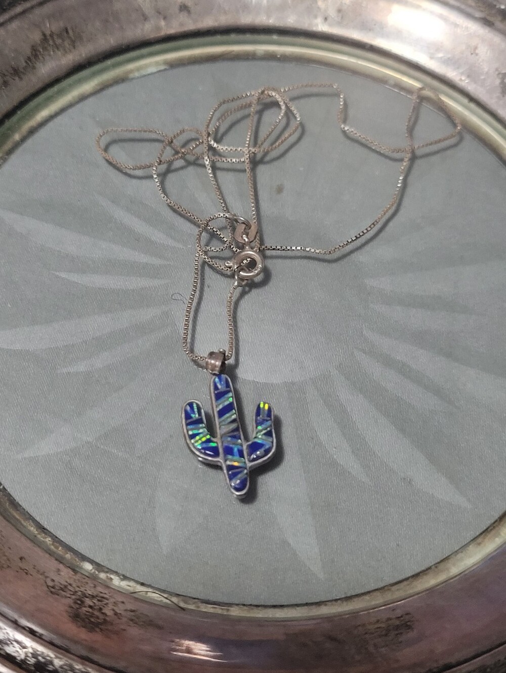 Sterling Silver Cactus Pendant Necklace with Blue Opal Inlay - Women Jewelry